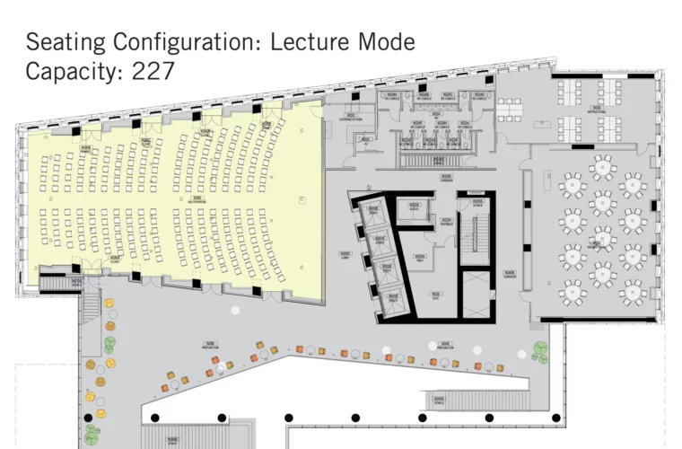 Multipurpose room floorplan in Lecture mode with capacity for 227 people