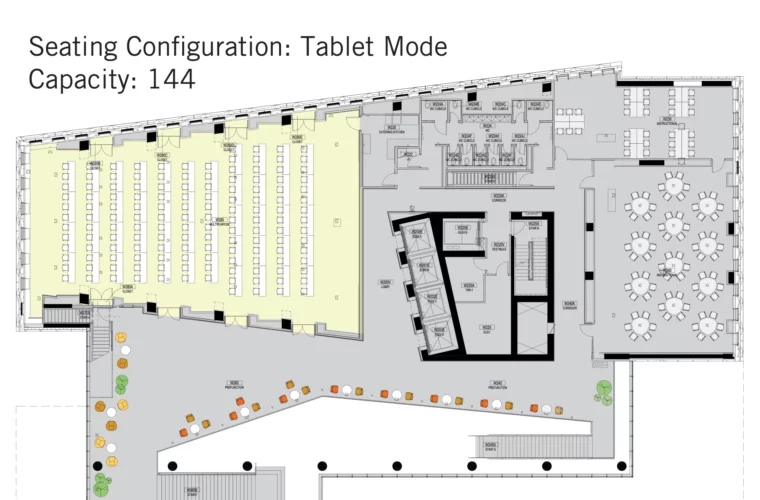 Multipurpose room on Tablet mode configuration with capacity for 144 people