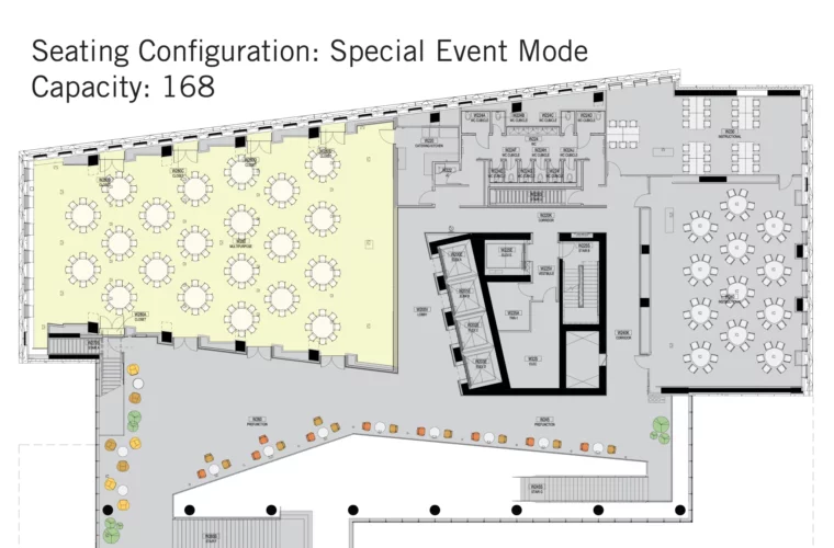 Multipurpose room floorplan as a Special Event Mode with capacity for 168 people