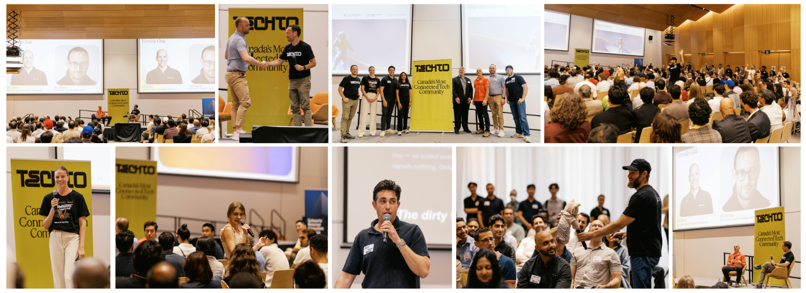 Collage of photos showing an audience listening to a speaker on stage, and networking.