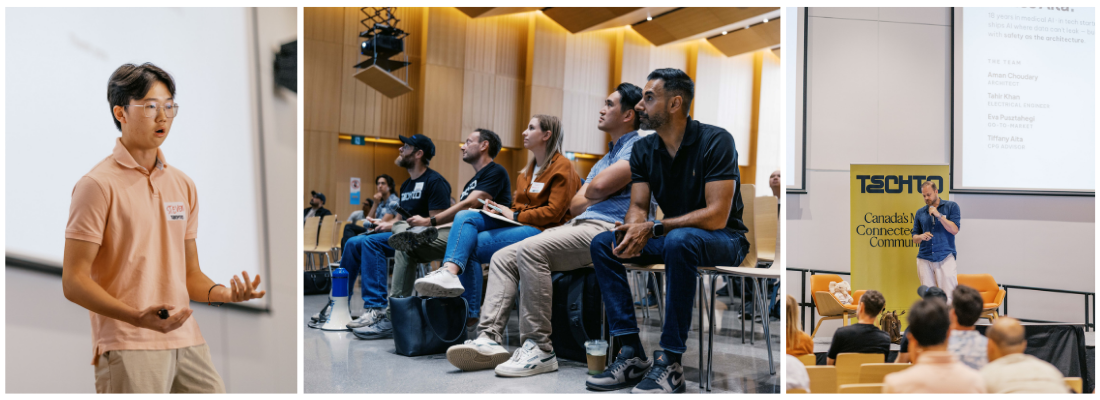 Collage of photos showing an audience listening to a speaker on stage.